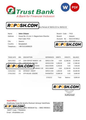 Bangladesh Trust bank statement Word and PDF template
