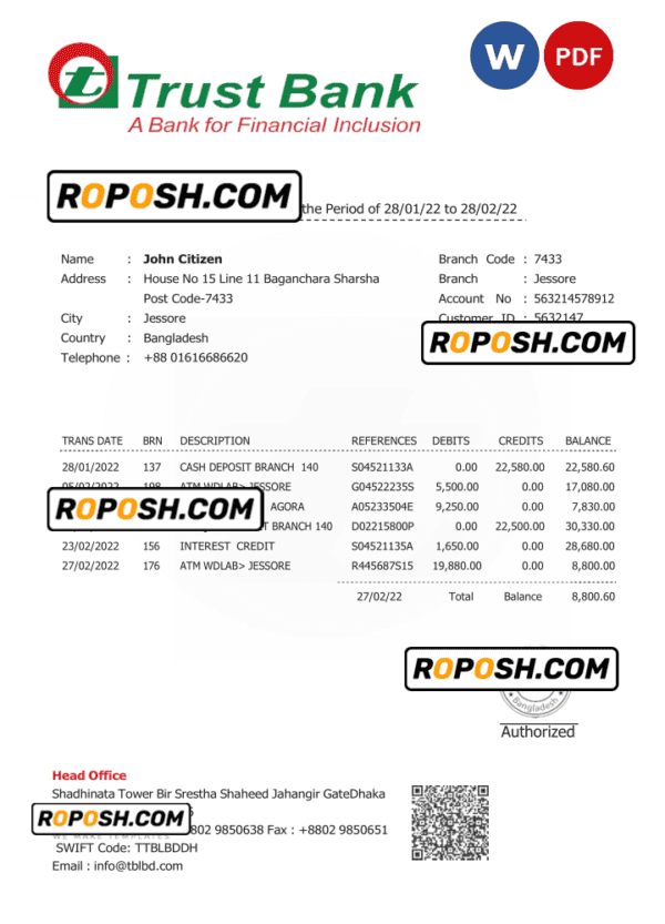 Bangladesh Trust bank statement Word and PDF template