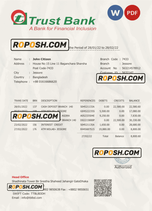 Bangladesh Trust bank statement Word and PDF template