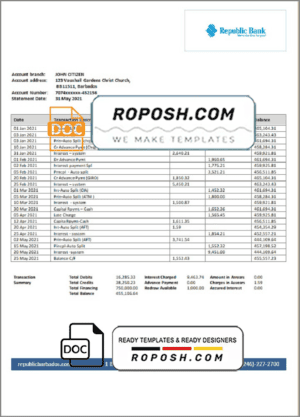 Barbados Republic Bank statement template in Word and PDF format