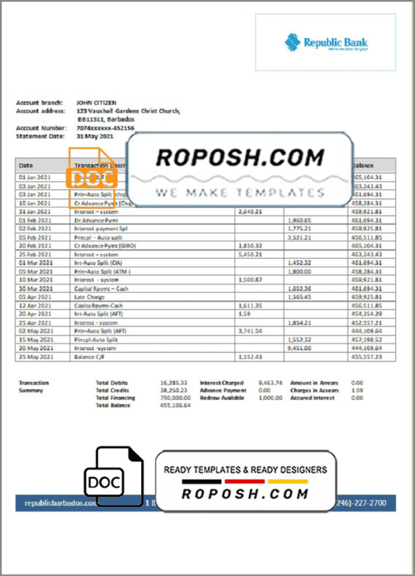 Barbados Republic Bank statement template in Word and PDF format