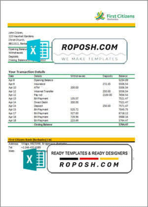 Barbados First Citizens bank statement template in Excel and PDF format