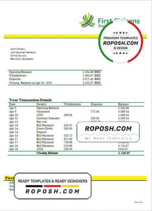 Barbados First Citizens bank statement template in .doc and .pdf format