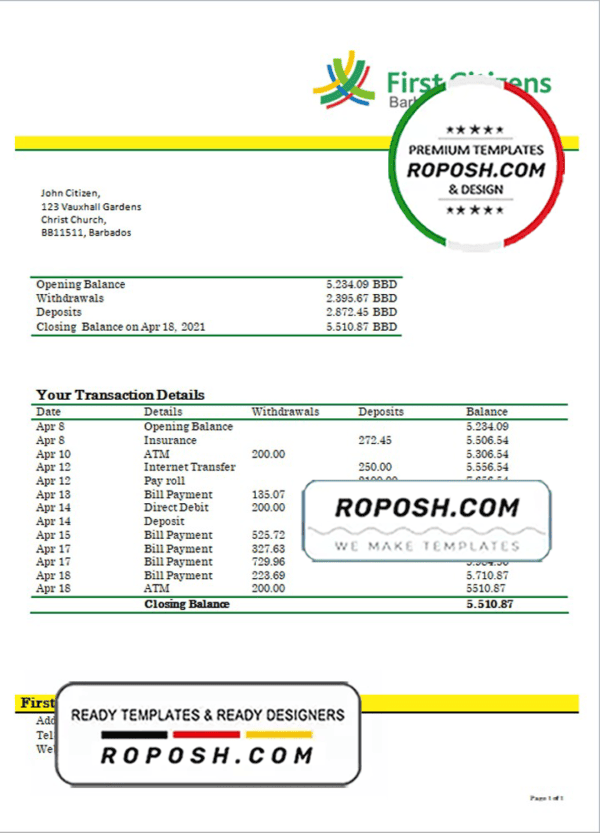 Barbados First Citizens bank statement template in .doc and .pdf format