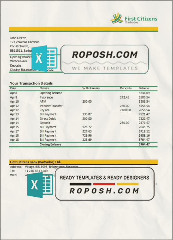 Barbados First Citizens bank statement template in Excel and PDF format