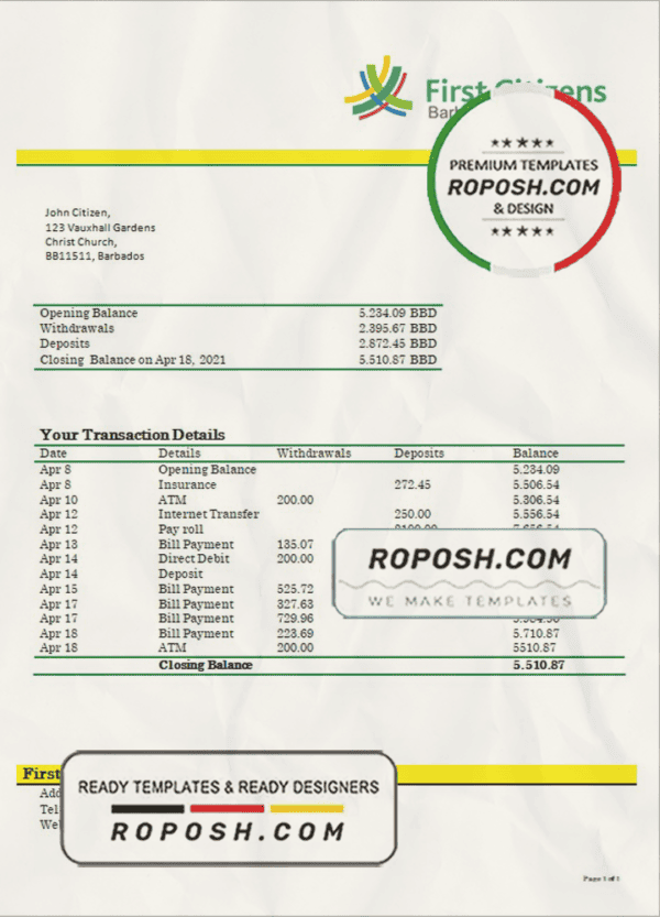 Barbados First Citizens bank statement template in .doc and .pdf format