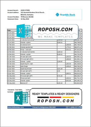 Barbados Republic Bank statement template in Excel and PDF format