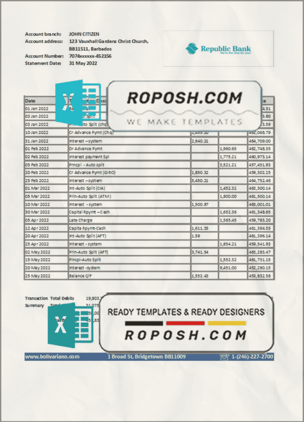 Barbados Republic Bank statement template in Excel and PDF format