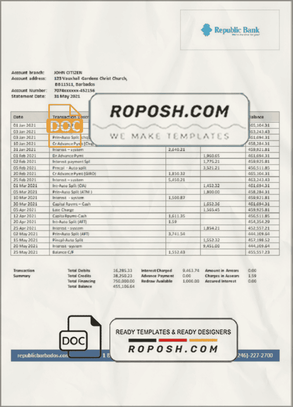 Barbados Republic Bank statement template in Word and PDF format
