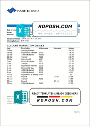 Belarus Paritet bank statement template in Excel and PDF format