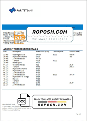Belarus Paritet bank statement template in Word and PDF format