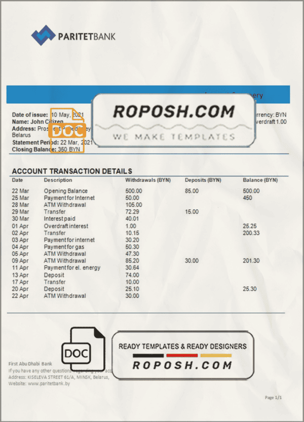 Belarus Paritet bank statement template in Word and PDF format