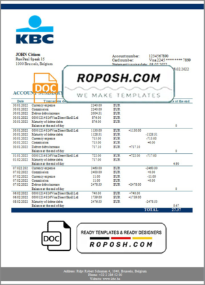 Belgium KBC bank statement template in Word and PDF format