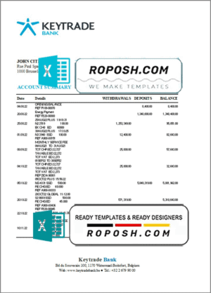 Belgium Keytrade bank statement template in Excel and PDF format