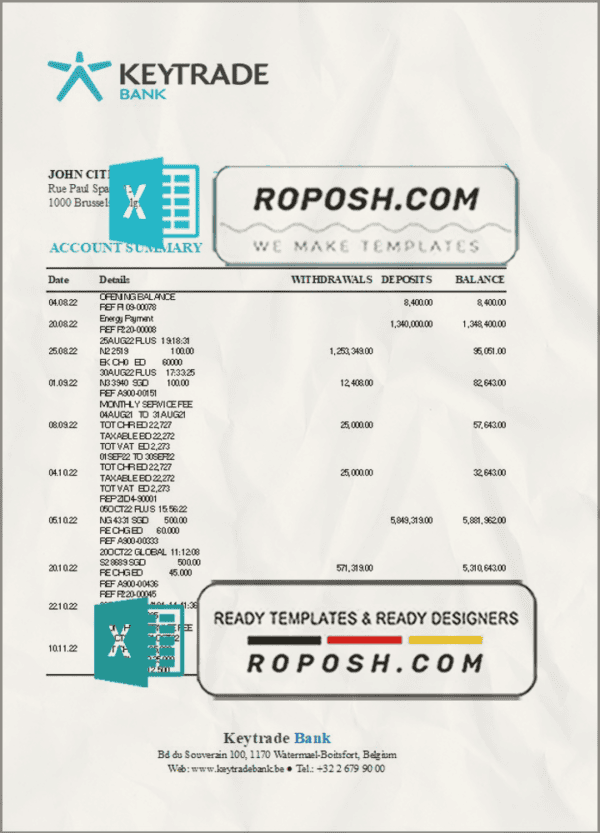 Belgium Keytrade bank statement template in Excel and PDF format