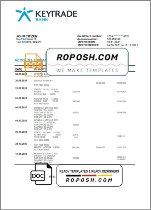 Belgium Keytrade bank statement template in Word and PDF format