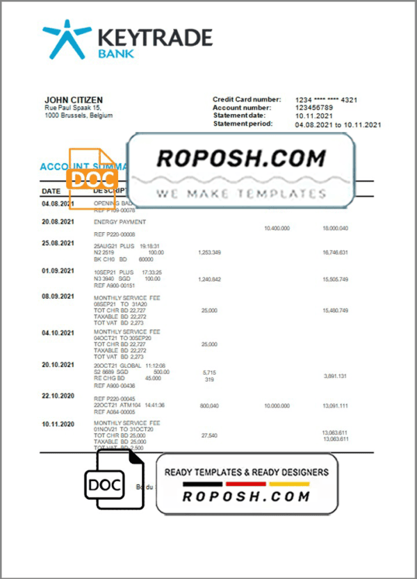 Belgium Keytrade bank statement template in Word and PDF format