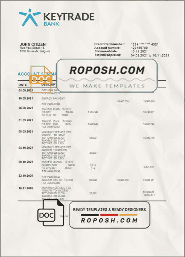 Belgium Keytrade bank statement template in Word and PDF format
