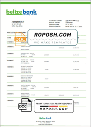 Belize bank statement template in Word and PDF format, fully editable