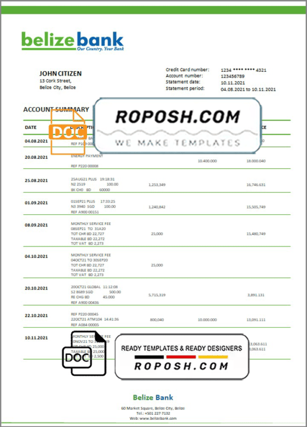 Belize bank statement template in Word and PDF format, fully editable