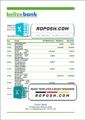 Belize bank statement template in Excel and PDF format, fully editable
