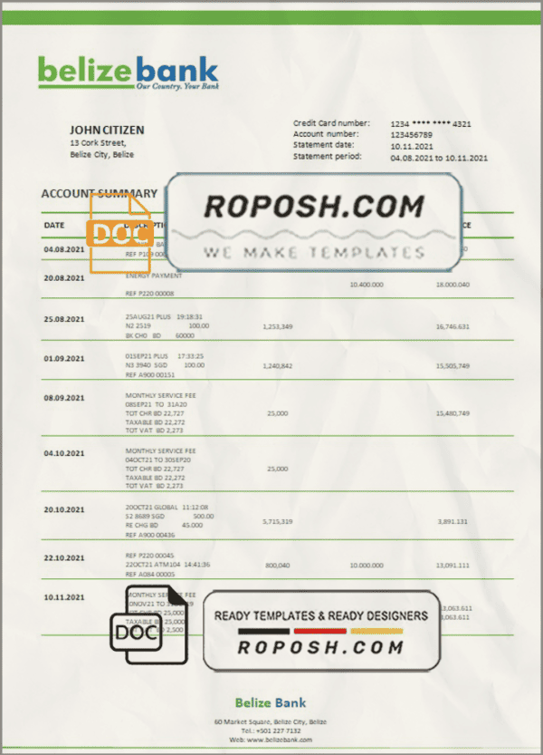 Belize bank statement template in Word and PDF format, fully editable