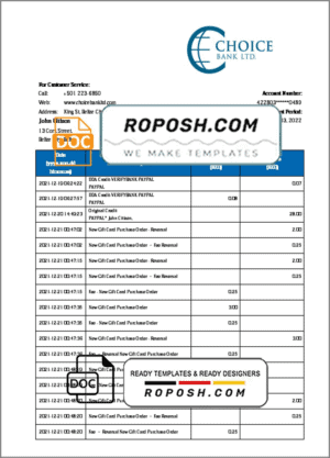 Belize Choice Bank statement template in Word and PDF format