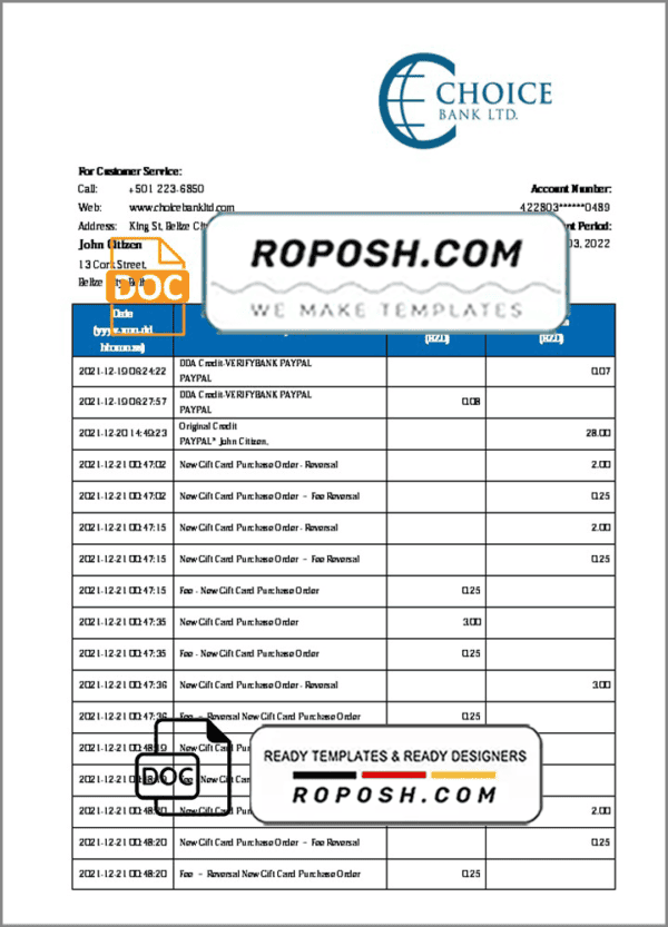 Belize Choice Bank statement template in Word and PDF format