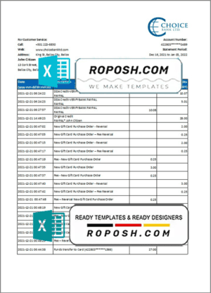 Belize Choice Bank statement template in Excel and PDF format