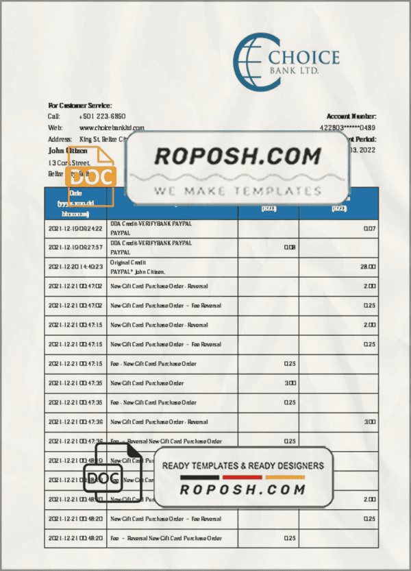 Belize Choice Bank statement template in Word and PDF format