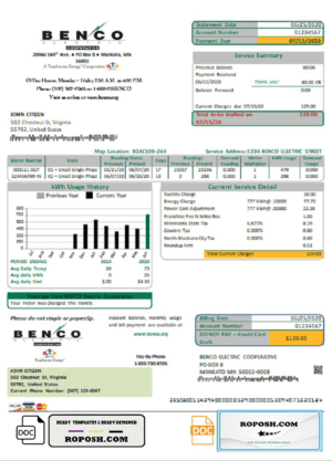 USA Minnesota Benco Elecric electricity easy fillable utility bill template in Word and PDF format (.doc and .pdf)