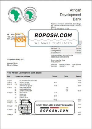 Benin African Development bank statement template in Word and PDF format