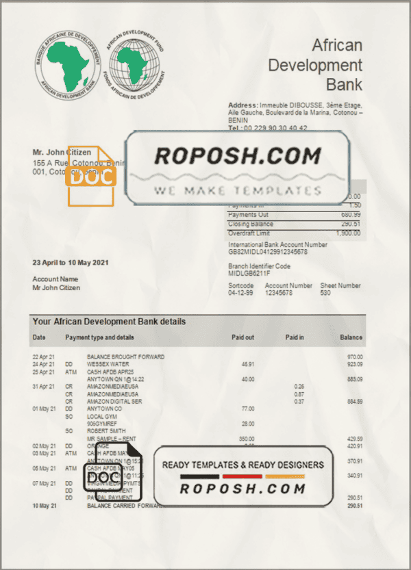 Benin African Development bank statement template in Word and PDF format
