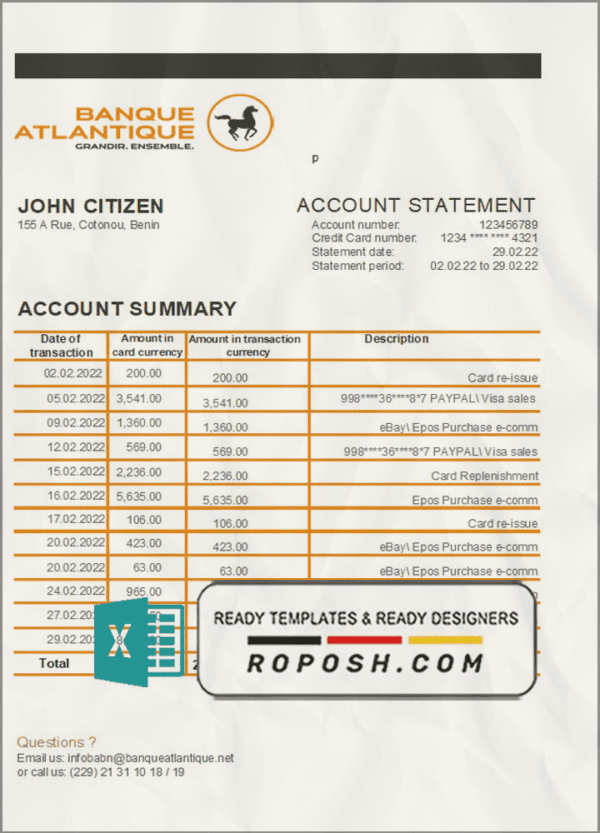 Benin Banque Atlantique bank statement template in Excel and PDF format