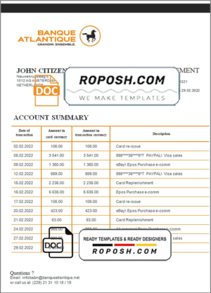 Benin Banque Atlantique bank statement template in Word and PDF format