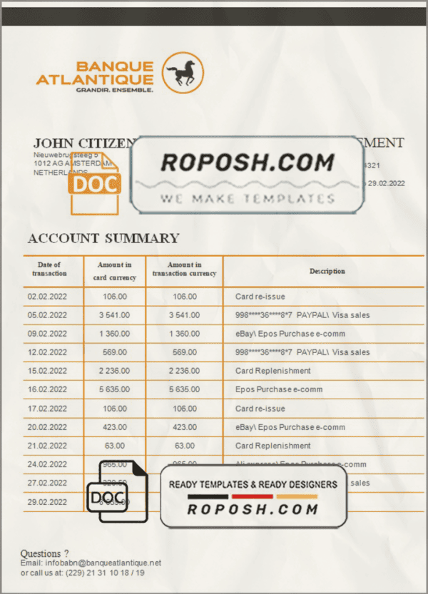 Benin Banque Atlantique bank statement template in Word and PDF format