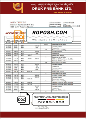 Bhutan Druk PNB bank statement template in Word and PDF format