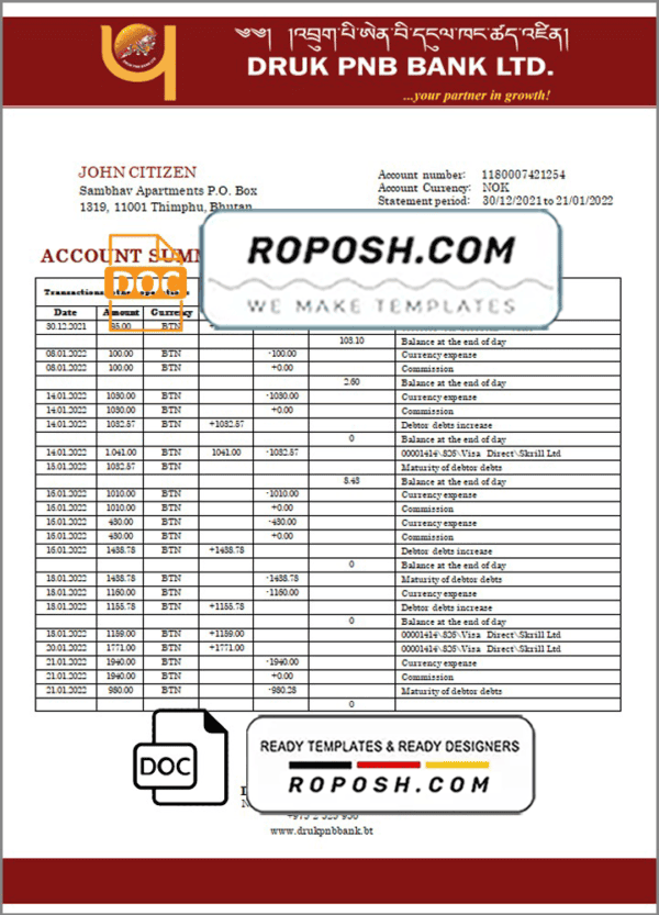 Bhutan Druk PNB bank statement template in Word and PDF format