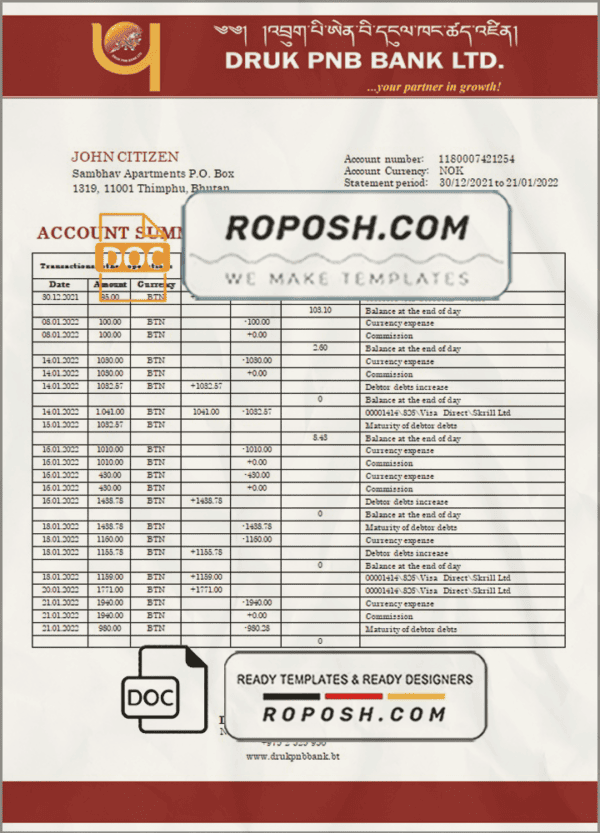 Bhutan Druk PNB bank statement template in Word and PDF format