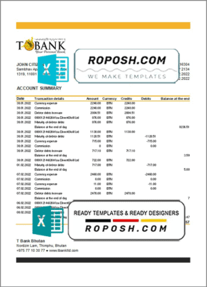 Bhutan T Bank Statement template in Excel and PDF format