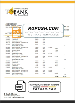 Bhutan T bank statement template in Word and PDF format