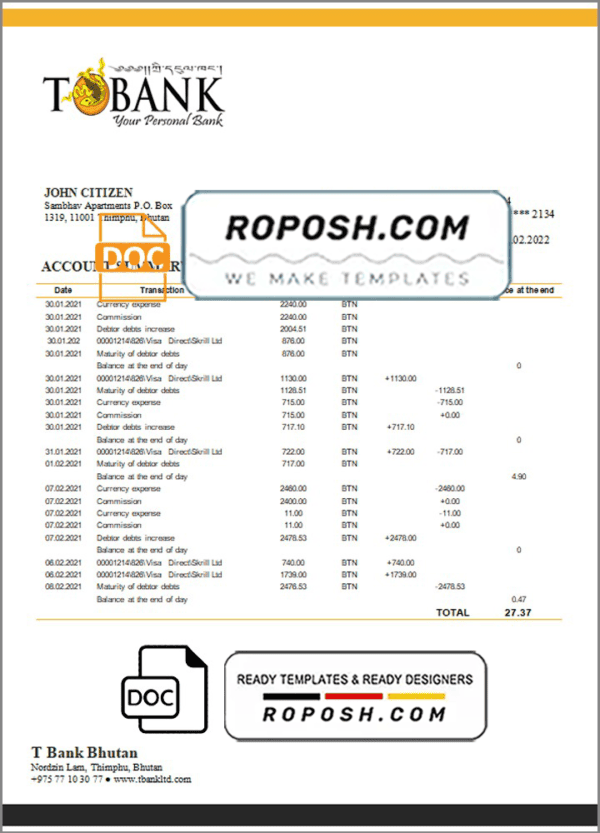 Bhutan T bank statement template in Word and PDF format