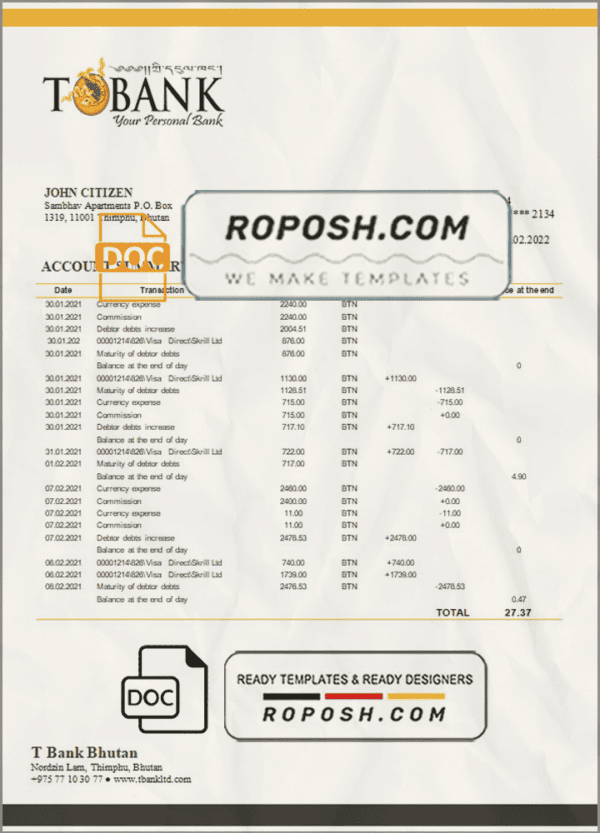 Bhutan T bank statement template in Word and PDF format