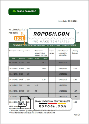 Bolivia Banco Ganadero bank statement template in Word and PDF format