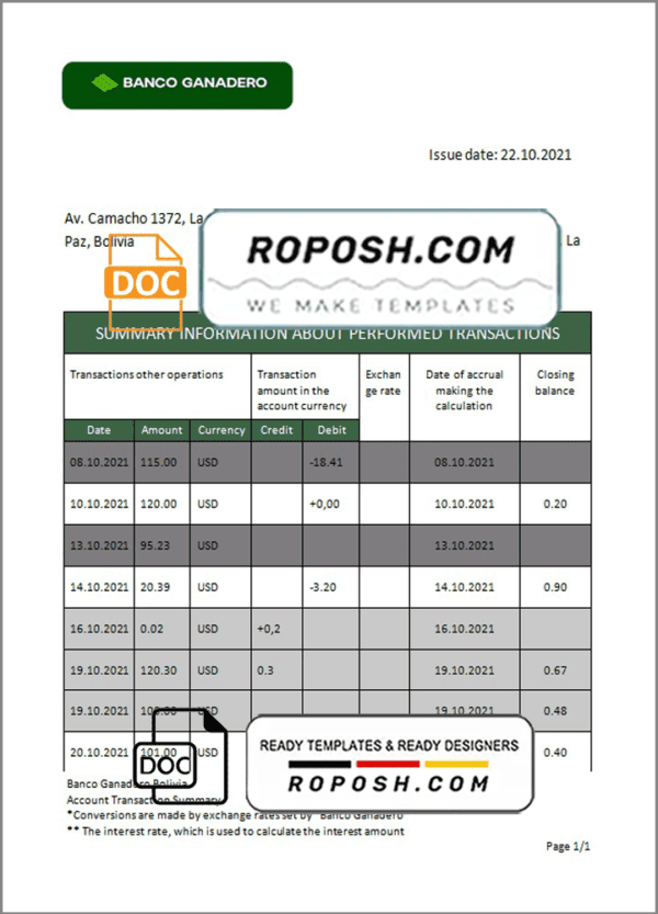 Bolivia Banco Ganadero bank statement template in Word and PDF format