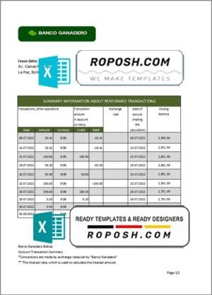 Bolivia Banco Ganadero bank statement template in Excel and PDF format