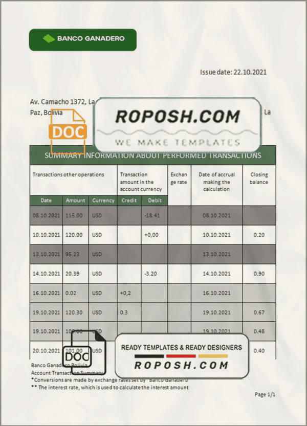 Bolivia Banco Ganadero bank statement template in Word and PDF format