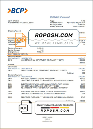 Bolivia banco de crédito de bolivia bank statement template in Word and PDF format