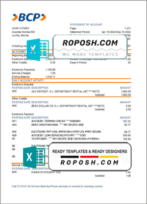 Bolivia Banco de Crédito de Bolivia bank statement template in Excel and PDF format