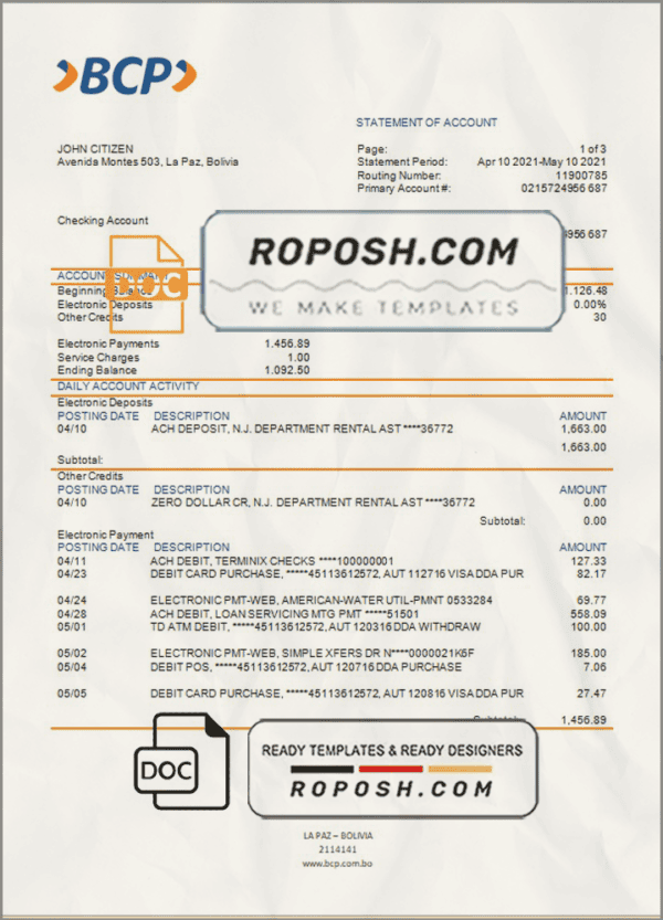 Bolivia banco de crédito de bolivia bank statement template in Word and PDF format